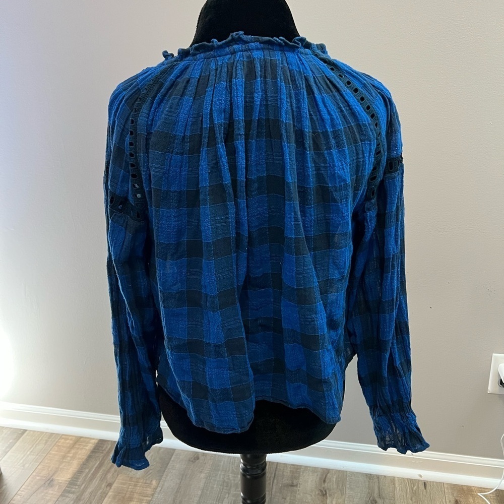 Free People Blue and Black Ruffled Tie Front Blouse with crochet detail M - Picture 5 of 9